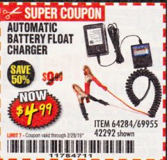Harbor Freight Coupon AUTOMATIC BATTERY FLOAT CHARGER Lot No. 64284/42292/69594/69955 Expired: 2/28/19 - $4.99