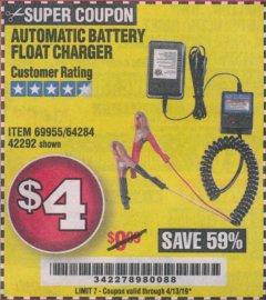 Harbor Freight Coupon AUTOMATIC BATTERY FLOAT CHARGER Lot No. 64284/42292/69594/69955 Expired: 4/13/19 - $4