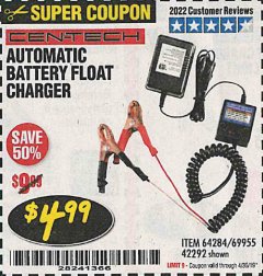 Harbor Freight Coupon AUTOMATIC BATTERY FLOAT CHARGER Lot No. 64284/42292/69594/69955 Expired: 4/30/19 - $4.99