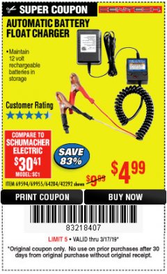 Harbor Freight Coupon AUTOMATIC BATTERY FLOAT CHARGER Lot No. 64284/42292/69594/69955 Expired: 3/17/19 - $4.99