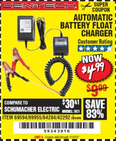 Harbor Freight Coupon AUTOMATIC BATTERY FLOAT CHARGER Lot No. 64284/42292/69594/69955 Expired: 7/14/19 - $4.99