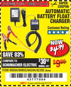 Harbor Freight Coupon AUTOMATIC BATTERY FLOAT CHARGER Lot No. 64284/42292/69594/69955 Expired: 8/11/19 - $4.99