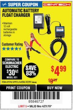 Harbor Freight Coupon AUTOMATIC BATTERY FLOAT CHARGER Lot No. 64284/42292/69594/69955 Expired: 4/21/19 - $4.9
