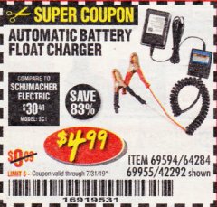 Harbor Freight Coupon AUTOMATIC BATTERY FLOAT CHARGER Lot No. 64284/42292/69594/69955 Expired: 7/31/19 - $4.99