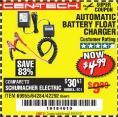 Harbor Freight Coupon AUTOMATIC BATTERY FLOAT CHARGER Lot No. 64284/42292/69594/69955 Expired: 10/1/19 - $4.99