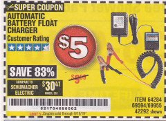 Harbor Freight Coupon AUTOMATIC BATTERY FLOAT CHARGER Lot No. 64284/42292/69594/69955 Expired: 9/19/19 - $5