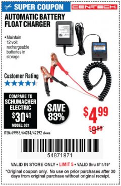 Harbor Freight Coupon AUTOMATIC BATTERY FLOAT CHARGER Lot No. 64284/42292/69594/69955 Expired: 8/11/19 - $4.99