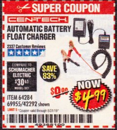 Harbor Freight Coupon AUTOMATIC BATTERY FLOAT CHARGER Lot No. 64284/42292/69594/69955 Expired: 8/31/19 - $4.99