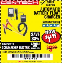 Harbor Freight Coupon AUTOMATIC BATTERY FLOAT CHARGER Lot No. 64284/42292/69594/69955 Expired: 11/12/19 - $4.99
