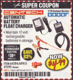 Harbor Freight Coupon AUTOMATIC BATTERY FLOAT CHARGER Lot No. 64284/42292/69594/69955 Expired: 10/31/19 - $4.99