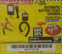Harbor Freight Coupon AUTOMATIC BATTERY FLOAT CHARGER Lot No. 64284/42292/69594/69955 Expired: 1/20/20 - $4.99