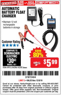 Harbor Freight Coupon AUTOMATIC BATTERY FLOAT CHARGER Lot No. 64284/42292/69594/69955 Expired: 12/8/19 - $5.99