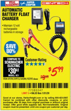 Harbor Freight Coupon AUTOMATIC BATTERY FLOAT CHARGER Lot No. 64284/42292/69594/69955 Expired: 1/31/20 - $5.99