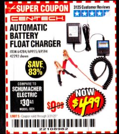 Harbor Freight Coupon AUTOMATIC BATTERY FLOAT CHARGER Lot No. 64284/42292/69594/69955 Expired: 3/31/20 - $4.99