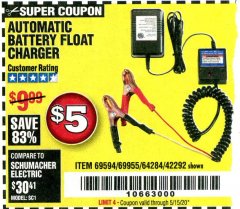 Harbor Freight Coupon AUTOMATIC BATTERY FLOAT CHARGER Lot No. 64284/42292/69594/69955 Expired: 6/30/20 - $5