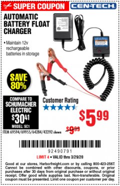 Harbor Freight Coupon AUTOMATIC BATTERY FLOAT CHARGER Lot No. 64284/42292/69594/69955 Expired: 3/29/20 - $5.99