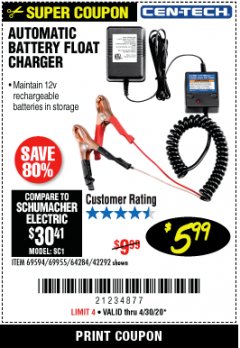 Harbor Freight Coupon AUTOMATIC BATTERY FLOAT CHARGER Lot No. 64284/42292/69594/69955 Expired: 3/30/20 - $5.99
