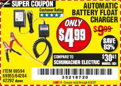 Harbor Freight Coupon AUTOMATIC BATTERY FLOAT CHARGER Lot No. 64284/42292/69594/69955 Expired: 6/30/20 - $4.99