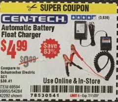 Harbor Freight Coupon AUTOMATIC BATTERY FLOAT CHARGER Lot No. 64284/42292/69594/69955 Expired: 7/11/20 - $4.99