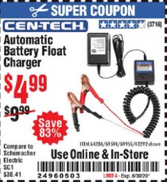 Harbor Freight Coupon AUTOMATIC BATTERY FLOAT CHARGER Lot No. 64284/42292/69594/69955 Expired: 8/30/20 - $4.99