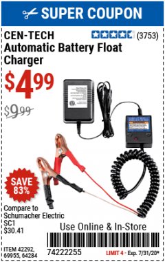 Harbor Freight Coupon AUTOMATIC BATTERY FLOAT CHARGER Lot No. 64284/42292/69594/69955 Expired: 7/31/20 - $4.99