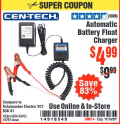 Harbor Freight Coupon AUTOMATIC BATTERY FLOAT CHARGER Lot No. 64284/42292/69594/69955 Expired: 11/15/20 - $4.99
