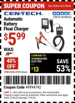 Harbor Freight Coupon AUTOMATIC BATTERY FLOAT CHARGER Lot No. 64284/42292/69594/69955 Expired: 11/6/22 - $5.99