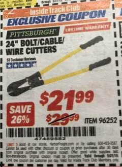 Harbor Freight ITC Coupon 24" BOLT/CABLE/WIRE CUTTERS Lot No. 96252 Expired: 5/31/19 - $21.99