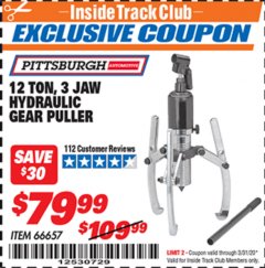 Harbor Freight ITC Coupon 12 TON HYDRAULIC GEAR PULLER Lot No. 66657 Expired: 3/31/20 - $79.99