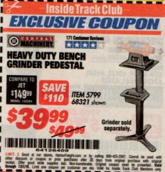 Harbor Freight ITC Coupon CENTRAL MACHINERY BENCH GRINDER PEDESTAL Lot No. 68321 Expired: 7/31/19 - $39.99