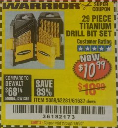 Harbor Freight Coupon 29 PIECE TITANIUM NITRIDE COATED HIGH SPEED STEEL DRILL BIT SET Lot No. 5889/61637/62281 Expired: 1/9/20 - $10.99