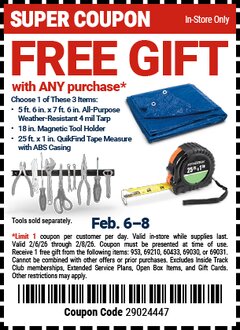 Harbor Freight FREE Coupon 1" x 25 FT. QUICKFIND TAPE MEASURE Lot No. 60408 Expired: 2/8/26 - FWP