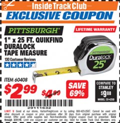 Harbor Freight ITC Coupon 1" x 25 FT. QUICKFIND TAPE MEASURE Lot No. 60408 Expired: 3/31/19 - $2.99