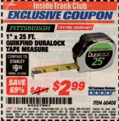 Harbor Freight ITC Coupon 1" x 25 FT. QUICKFIND TAPE MEASURE Lot No. 60408 Expired: 7/31/19 - $2.99