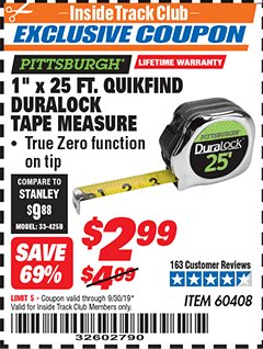 Harbor Freight ITC Coupon 1" x 25 FT. QUICKFIND TAPE MEASURE Lot No. 60408 Expired: 9/30/19 - $2.99