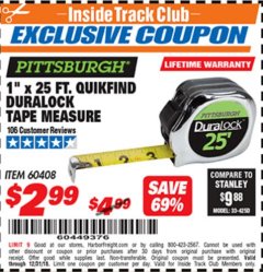 Harbor Freight ITC Coupon 1" x 25 FT. QUICKFIND TAPE MEASURE Lot No. 60408 Expired: 12/31/18 - $2.99