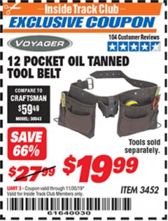 Harbor Freight ITC Coupon 12 POCKET OIL TANNED LEATHER TOOL BELT Lot No. 3452 Expired: 11/30/19 - $19.99