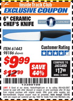 Harbor Freight ITC Coupon 6" CERAMIC CHEF'S KNIFE Lot No. 61443/98186 Expired: 7/31/18 - $9.99