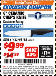 Harbor Freight ITC Coupon 6" CERAMIC CHEF'S KNIFE Lot No. 61443/98186 Expired: 11/30/18 - $9.99