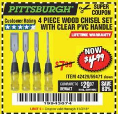 Harbor Freight Coupon 4 PIECE WOOD CHISEL SET Lot No. 42429/69471 Expired: 11/3/18 - $4.99