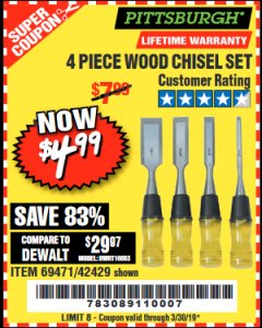 Harbor Freight Coupon 4 PIECE WOOD CHISEL SET Lot No. 42429/69471 Expired: 3/30/19 - $4.99
