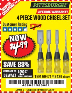 Harbor Freight Coupon 4 PIECE WOOD CHISEL SET Lot No. 42429/69471 Expired: 4/20/19 - $4.99