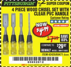 Harbor Freight Coupon 4 PIECE WOOD CHISEL SET Lot No. 42429/69471 Expired: 10/27/19 - $4.99