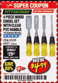 Harbor Freight Coupon 4 PIECE WOOD CHISEL SET Lot No. 42429/69471 Expired: 8/31/19 - $4.99