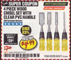 Harbor Freight Coupon 4 PIECE WOOD CHISEL SET Lot No. 42429/69471 Expired: 10/31/19 - $4.99