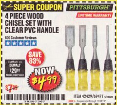 Harbor Freight Coupon 4 PIECE WOOD CHISEL SET Lot No. 42429/69471 Expired: 11/30/19 - $4.99