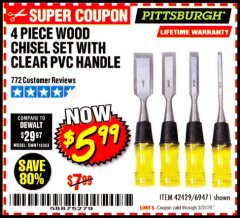 Harbor Freight Coupon 4 PIECE WOOD CHISEL SET Lot No. 42429/69471 Expired: 3/31/20 - $5.99
