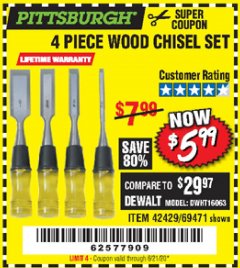 Harbor Freight Coupon 4 PIECE WOOD CHISEL SET Lot No. 42429/69471 Expired: 6/21/20 - $5.99