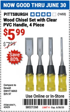 Harbor Freight Coupon 4 PIECE WOOD CHISEL SET Lot No. 42429/69471 Expired: 6/30/20 - $5.99