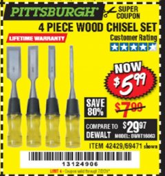 Harbor Freight Coupon 4 PIECE WOOD CHISEL SET Lot No. 42429/69471 Expired: 7/2/20 - $5.99